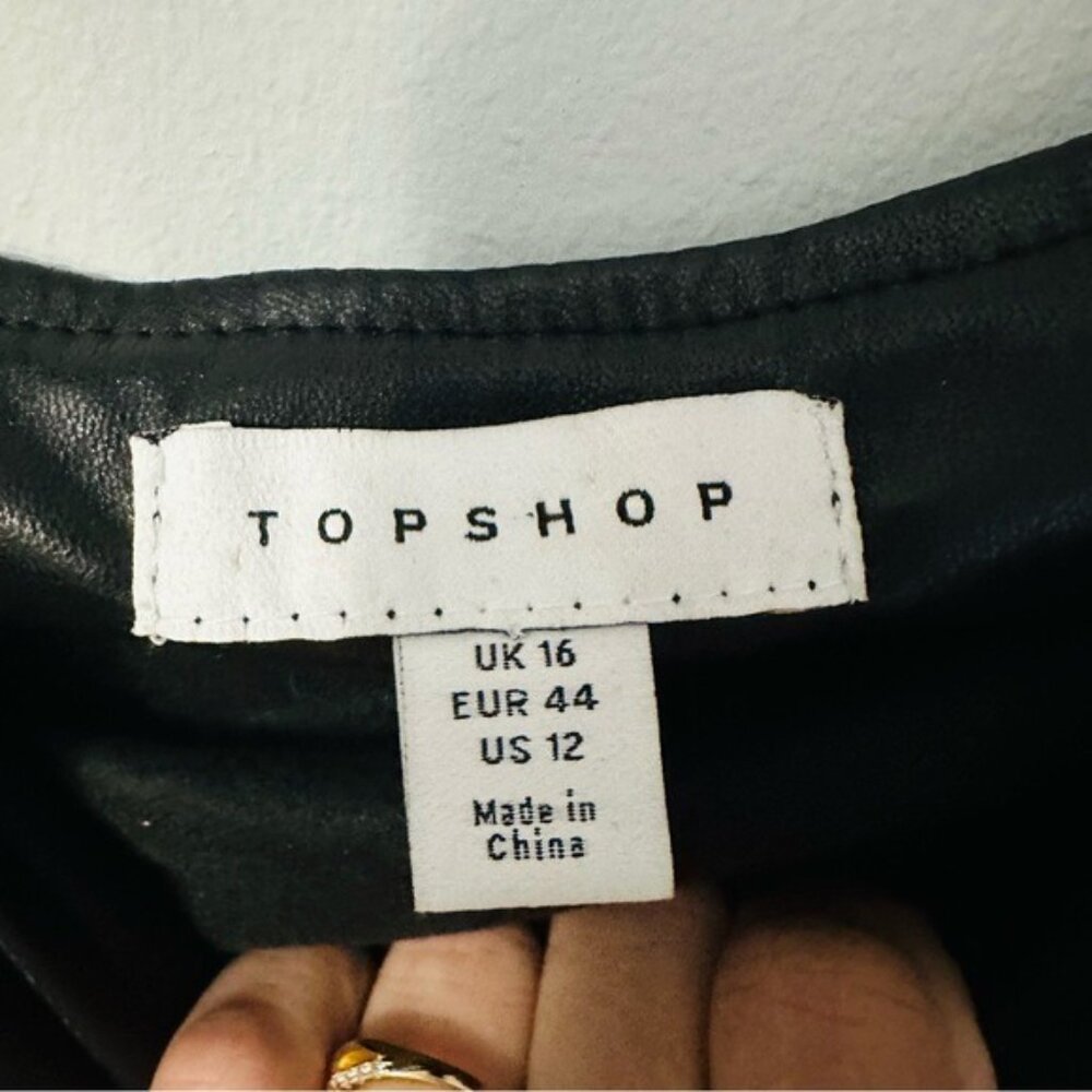 Topshop Faux Leather Ruched Mini Dress Black Puff Sleeve Y2K Baddie US 12 - Picture 9 of 12